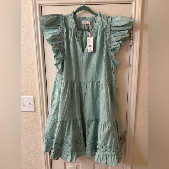 Vineyard Vines Dresses & Skirts - Vineyard Vines Green Striped ruffle dress New with Tags